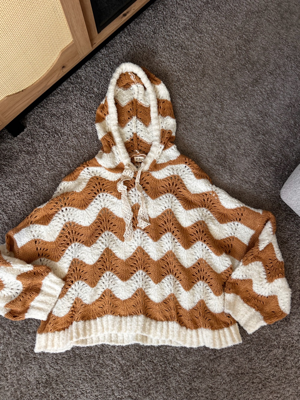 POL Chevron Lace-Knit Hoodie Sweater in Cream & Brown